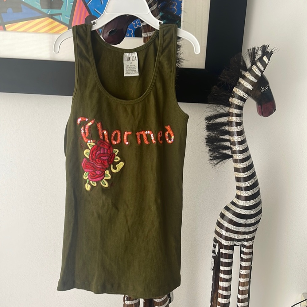 Lucca Green/Yellow/Orange Appliques & Beaded "CHARMED" & "Flowers" Tank Top